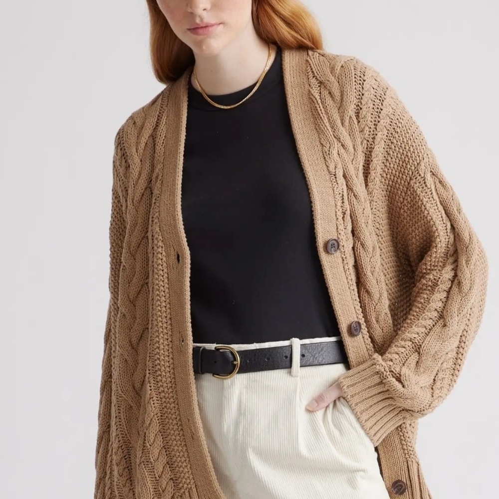 Quince Organic Cotton Cable Knit Camel Cardigan Sweater